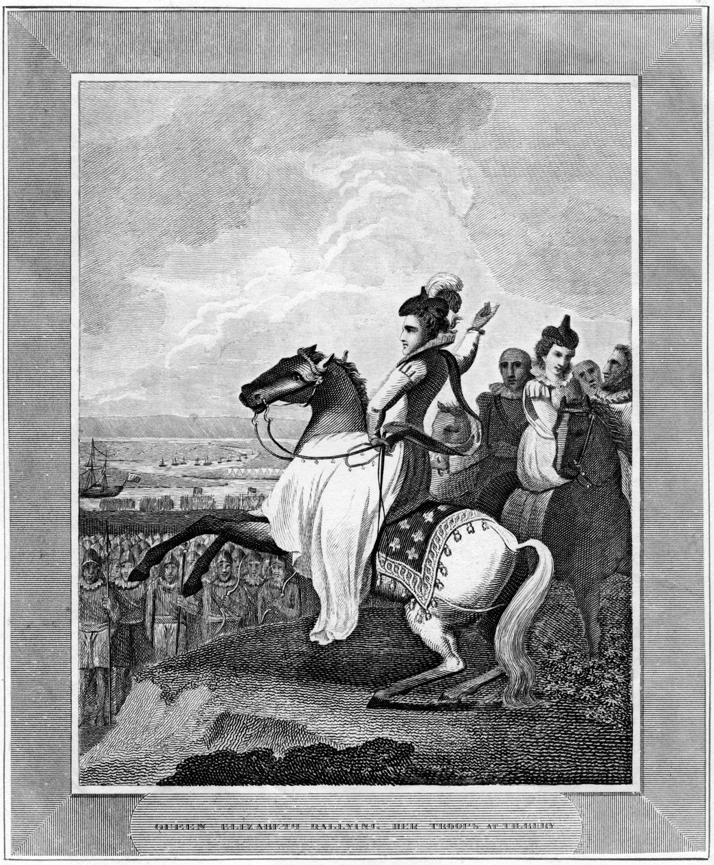 क्वीन एलिजाबेथ I ने 1588, 19 वीं शताब्दी में तिलबरी में अपने सैनिकों की रैली की द्वारा अज्ञात