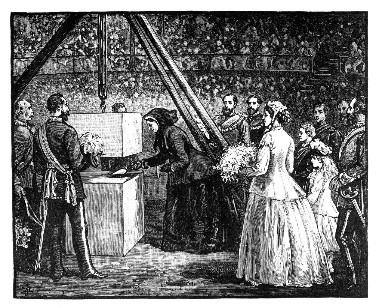 1860 के दशक में रॉयल अल्बर्ट हॉल, लंदन की आधारशिला रखते हुए महारानी विक्टोरिया द्वारा अज्ञात