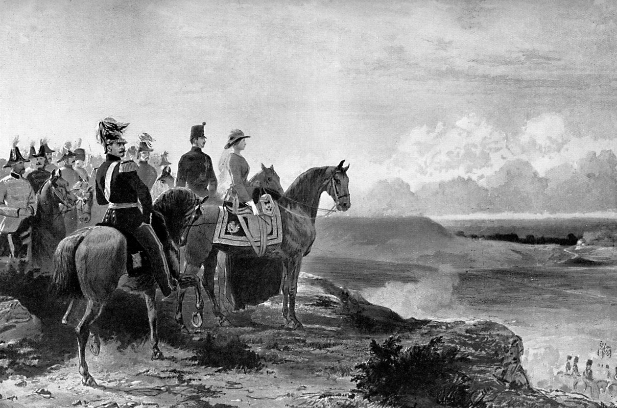 महारानी विक्टोरिया ने अपने सैनिकों की समीक्षा करते हुए, एल्डरशॉट, 1856, c1920 द्वारा अज्ञात