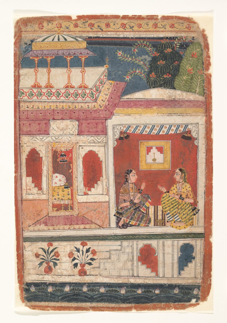 राधा और उनके विश्वासपात्र एक खुले कमरे में बैठते हैं: एक विस्थापित रसिकप्रिया से पृष्ठ। 1680-1690। द्वारा अज्ञात
