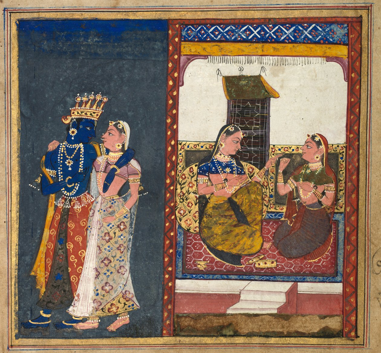 राधा और कृष्ण आलिंगन, एक गीता से पत्ता गोविंदा, सी। 1650। द्वारा अज्ञात