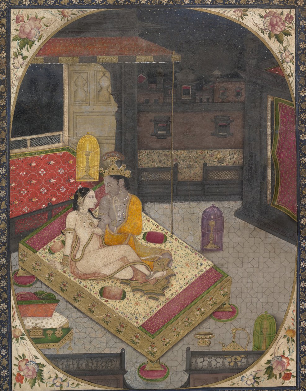 राधा और कृष्णा एक बिस्तर पर रात में, ca. 1830। द्वारा अज्ञात