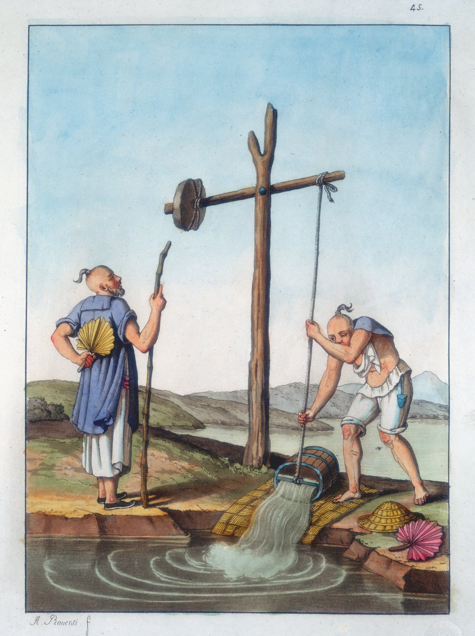चीन, 1825-1835, एक shaduf के माध्यम से पानी उठाना द्वारा अज्ञात