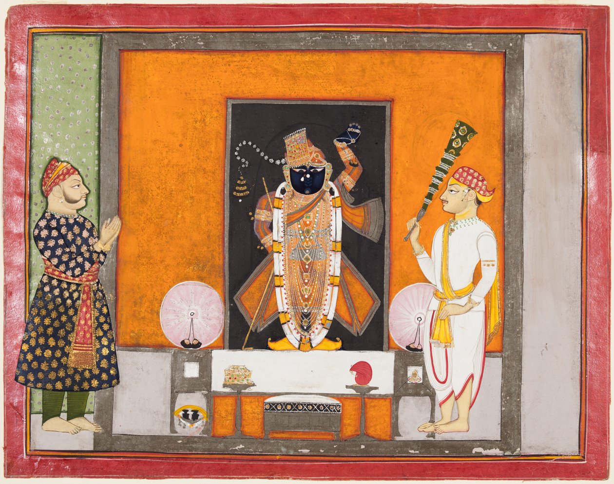 राजा राम सिंह कृष्ण को ब्रज नाथजी के रूप में पूजते हैं, c। 1820। द्वारा अज्ञात