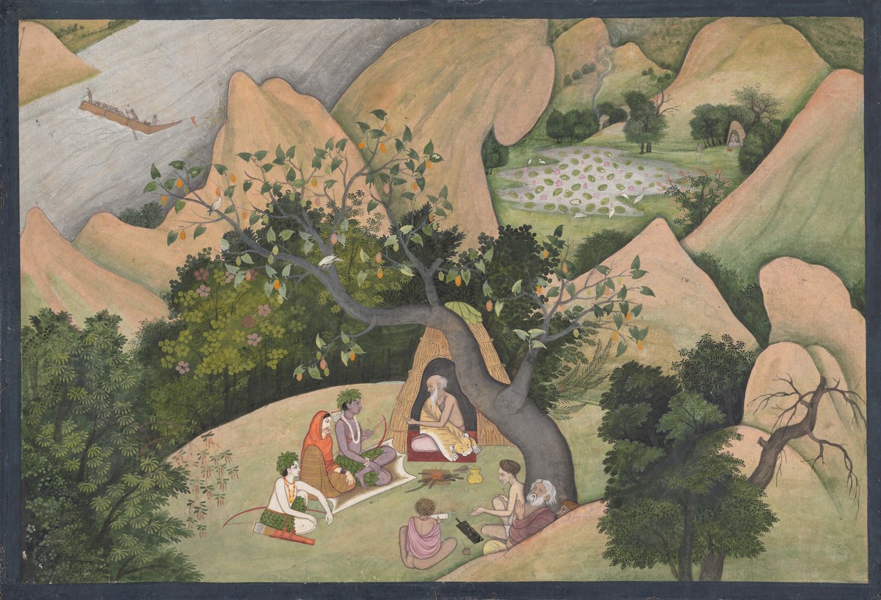 भरद्वाज के आश्रम में राम, सीता और लक्ष्मण: इलस्ट्रेटेड फोलियो फ्रॉम..., सीए। 1780. द्वारा अज्ञात
