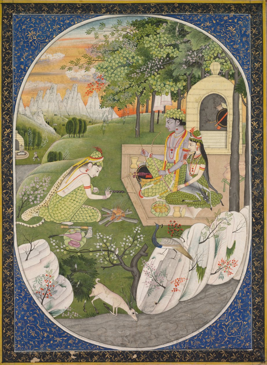 राम, सीता और लक्ष्मण वन में, रामायण की कथाएँ, भगवान राम के पृष्ठ, सी। 1830। द्वारा अज्ञात
