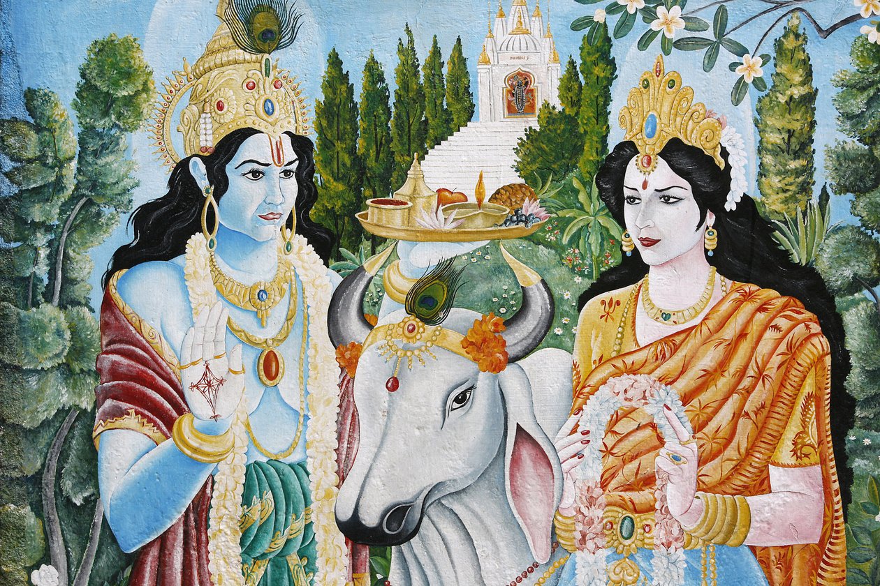 राम, सीता और पवित्र गाय। राम विष्णु के सातवें अवतार हैं। पशुपतिनाह, काठमांडू, नेपाल द्वारा अज्ञात
