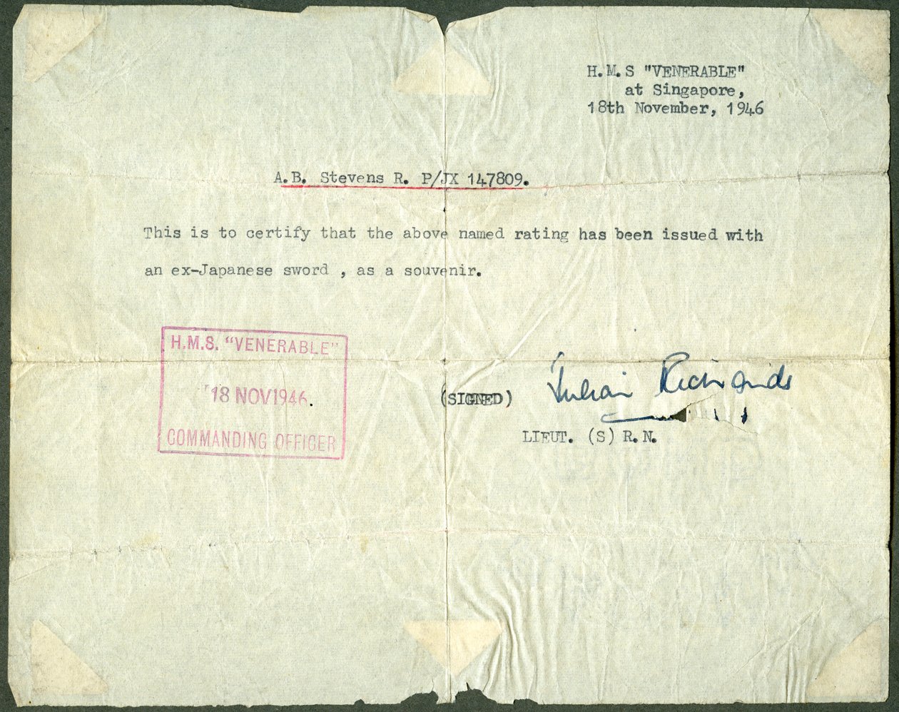 पूर्व-जापानी तलवार, एचएमएस आदरणीय, सिंगापुर, 1946 के लिए रसीद द्वारा अज्ञात