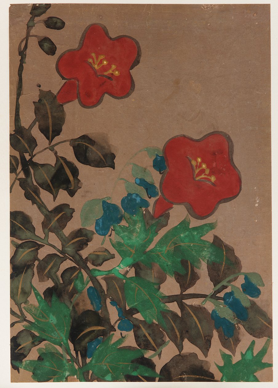 लाल और नीले फूल और पत्ते, ईदो काल, 1615-1868। द्वारा अज्ञात