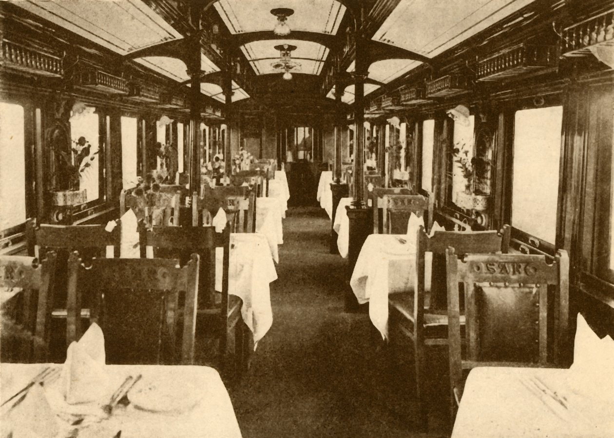 एक लंबी दूरी की ट्रेन पर रेस्तरां कार, दक्षिण अफ्रीकी रेलवे, 1930। द्वारा अज्ञात