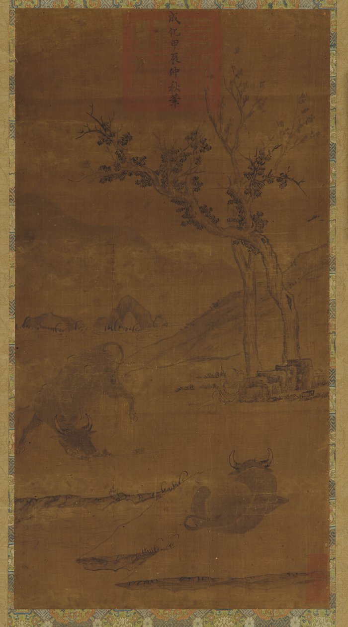 नदी परिदृश्य: दो जल भैंसें और एक झपकी लेने वाला झुंड-लड़का, 1368-1644। द्वारा अज्ञात