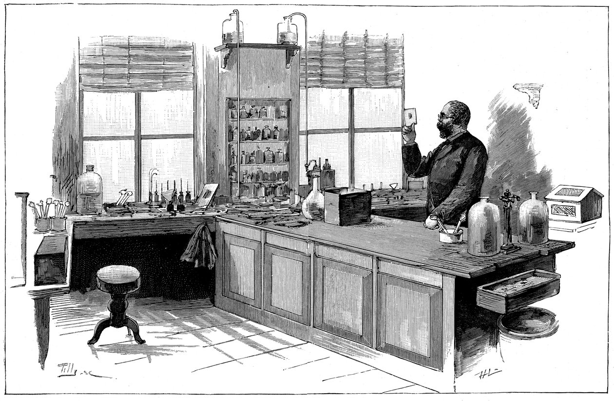 रॉबर्ट कोच 1843-1910, जर्मन जीवाणुविज्ञानी और चिकित्सक अपनी प्रयोगशाला में द्वारा अज्ञात