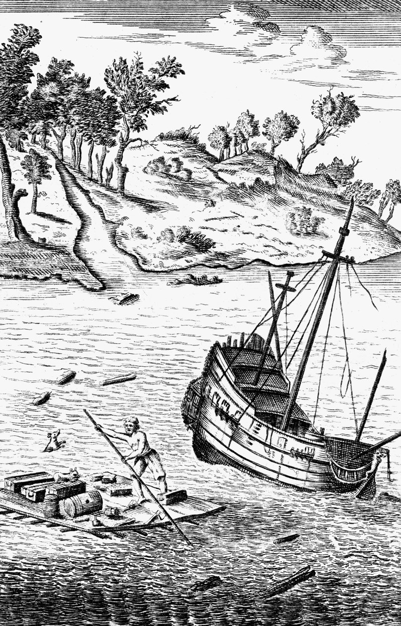 रॉबिन्सन क्रूसो शिप के मलबे से अपना माल बचाते हुए, c1719 द्वारा अज्ञात