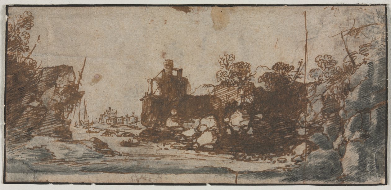 रॉकी इनलेट नौकाओं और इमारतों के साथ रेक्टो, 1600s। द्वारा अज्ञात