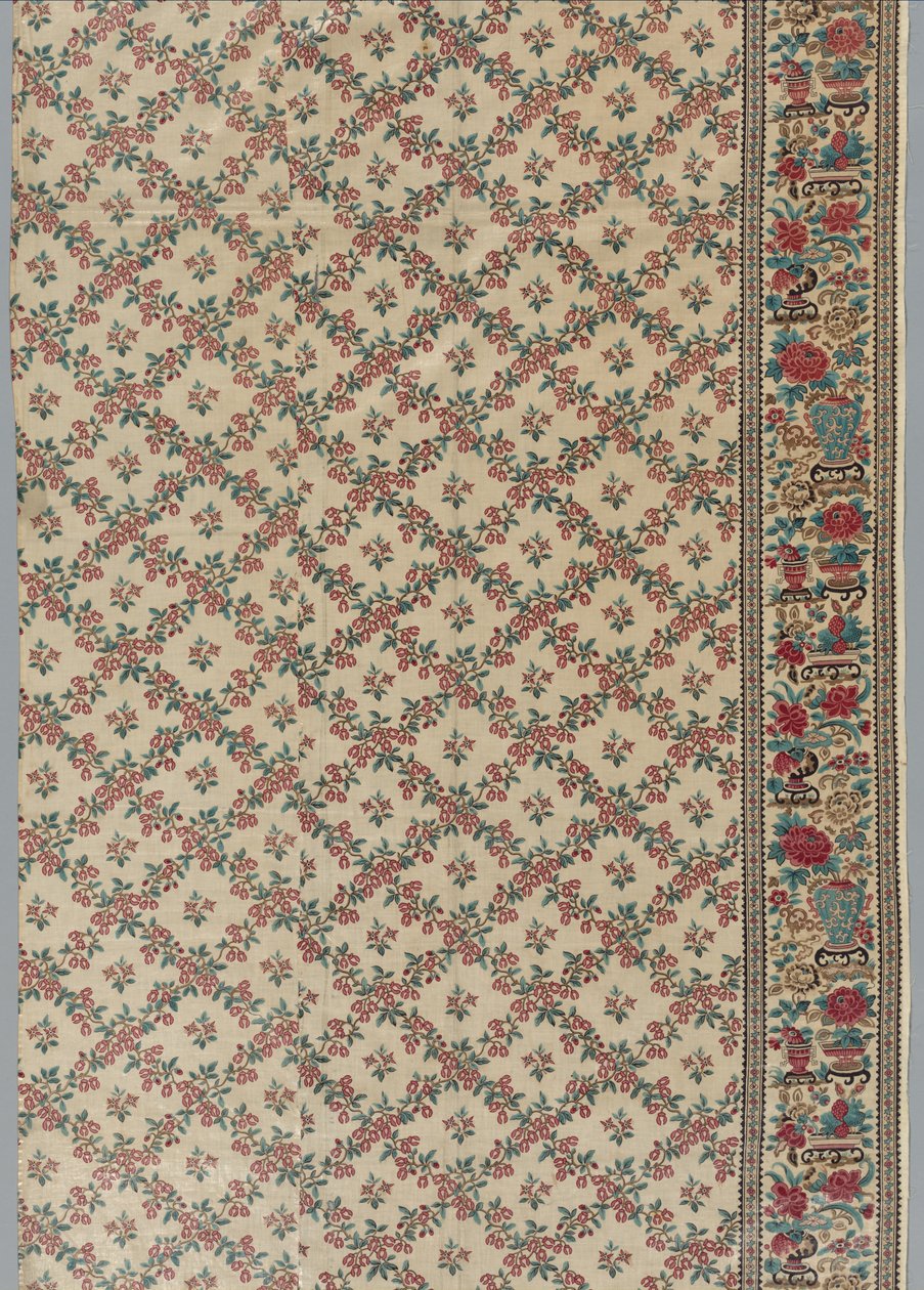 फूल और फूल डिजाइन के साथ रोलर-प्रिंटेड घुटा हुआ चिंट्ज़, 1800s। द्वारा अज्ञात