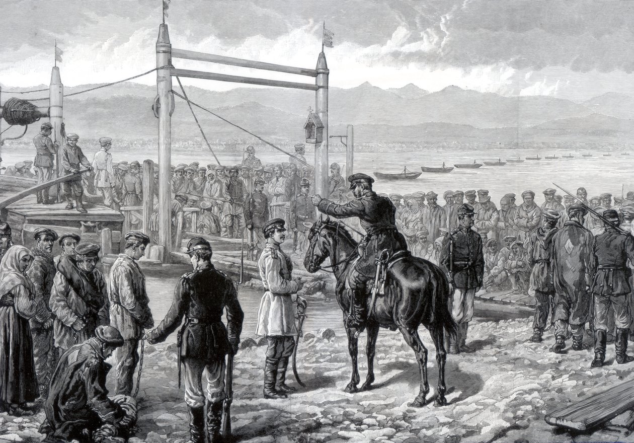 सैन्य अनुरक्षण के तहत रूसी अपराधियों को येनइसी, साइबेरिया, 1882 नदी के पार होने का इंतजार है द्वारा अज्ञात