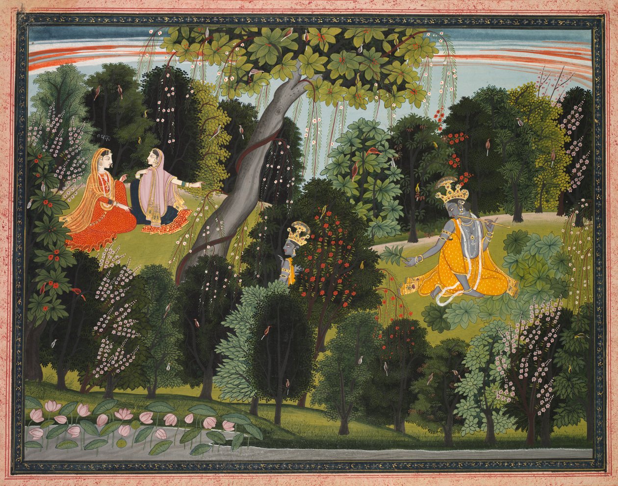 सखी ने राधा को कृष्ण से मिलने के लिए मनाया, लाम्बाग्रोन गीता गोविंदा से ..., सी। 1820-1825। द्वारा अज्ञात