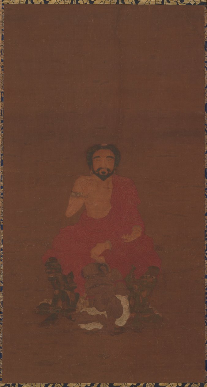 शाक्यमुनि तीन दानव जैसे प्राणियों पर बैठे थे, संभवतः प्रारंभिक मिंग राजवंश के युआन, 14वीं-15वीं शताब्दी द्वारा अज्ञात