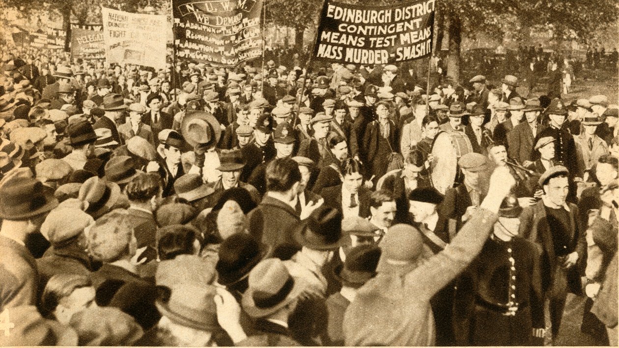स्कॉटिश मार्चर्स, मीन्स टेस्ट विरोध प्रदर्शन, हाइड पार्क, लंदन, 1932, 1933। द्वारा अज्ञात