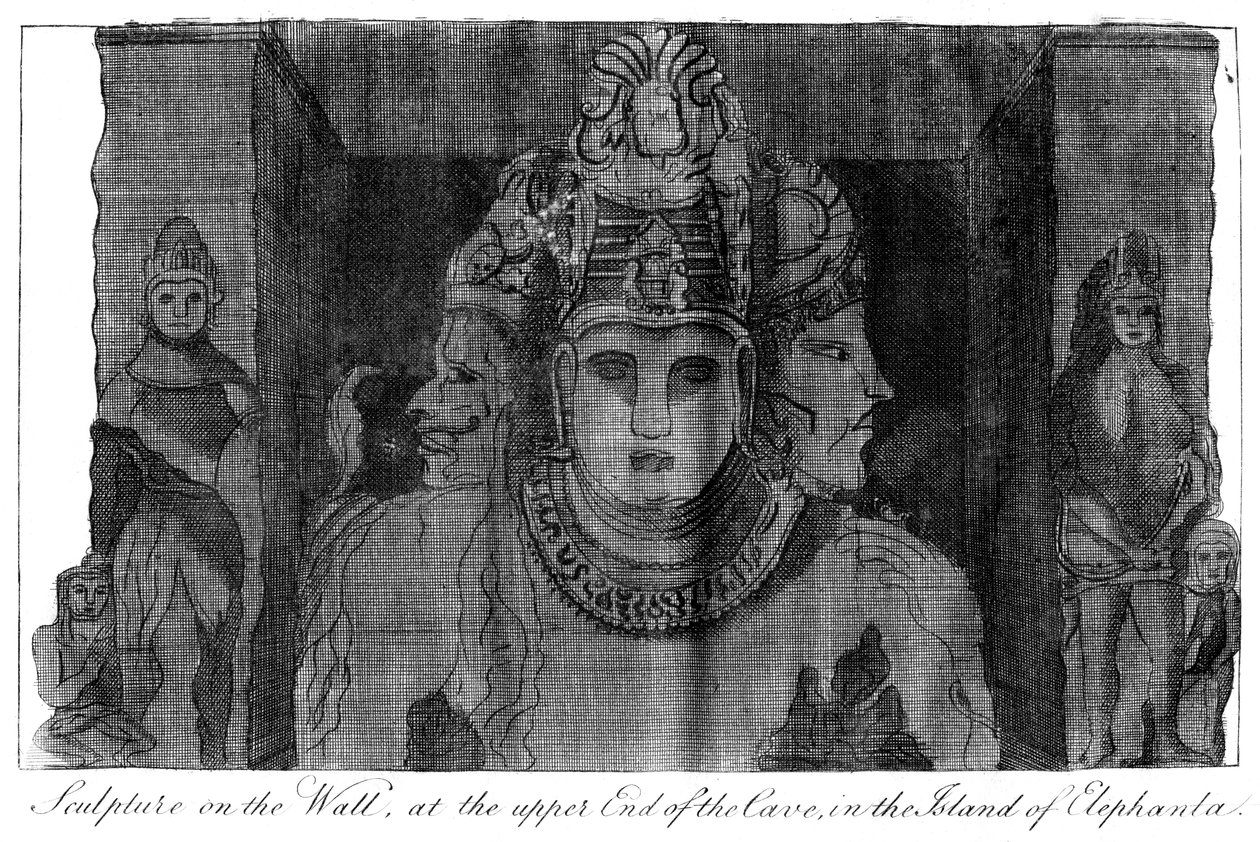 गुफा के ऊपरी छोर पर दीवार पर मूर्तिकला, भारत का एलीफेंटा द्वीप, 1799 द्वारा अज्ञात