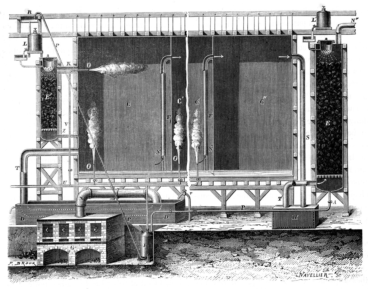गे-लुसाक्स के अनुभागीय दृश्य चैंबर्स और अवशोषण टॉवर, 1870 का नेतृत्व करते हैं द्वारा अज्ञात