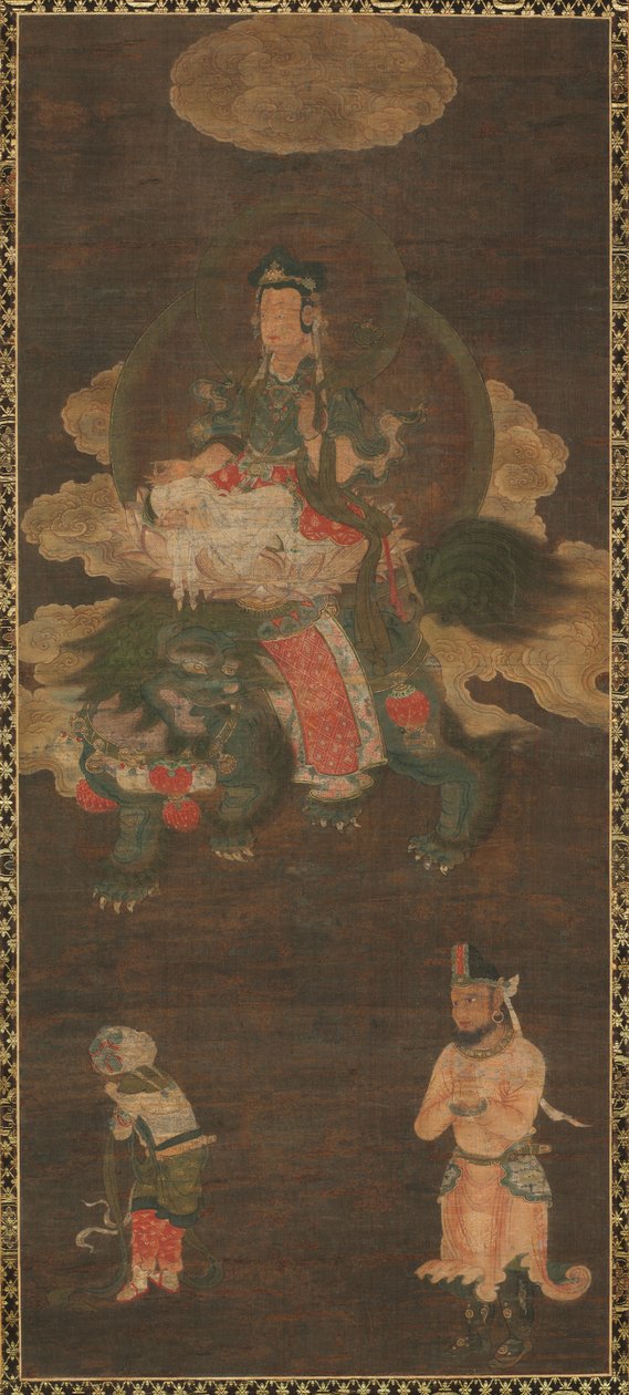 शाक्यमुनि त्रय: बुद्ध मंजुश्री और सामंतभद्र बोधिसत्व द्वारा सिंह के साथ, देर रात द्वारा अज्ञात