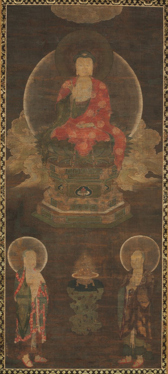 शाक्यमुनि त्रय: बुद्ध मंजुश्री और सामंतभद्र बुद्ध द्वारा सम्मिलित, 1300 के अंत में। द्वारा अज्ञात