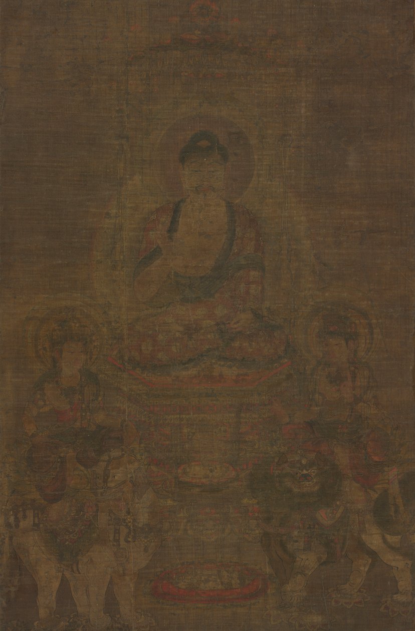 शाक्यमुनि त्रय: बुद्ध मंजुश्री और सामंतभद्र द्वारा सम्मिलित, सी। 900। द्वारा अज्ञात