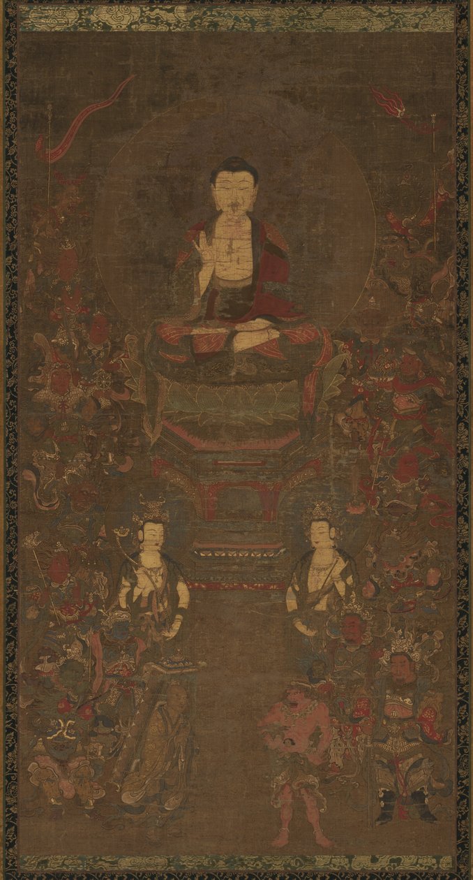 शाक्यमुनि त्रय ने महान बुद्धि सूत्र के सोलह संरक्षकों के साथ, 1300। द्वारा अज्ञात