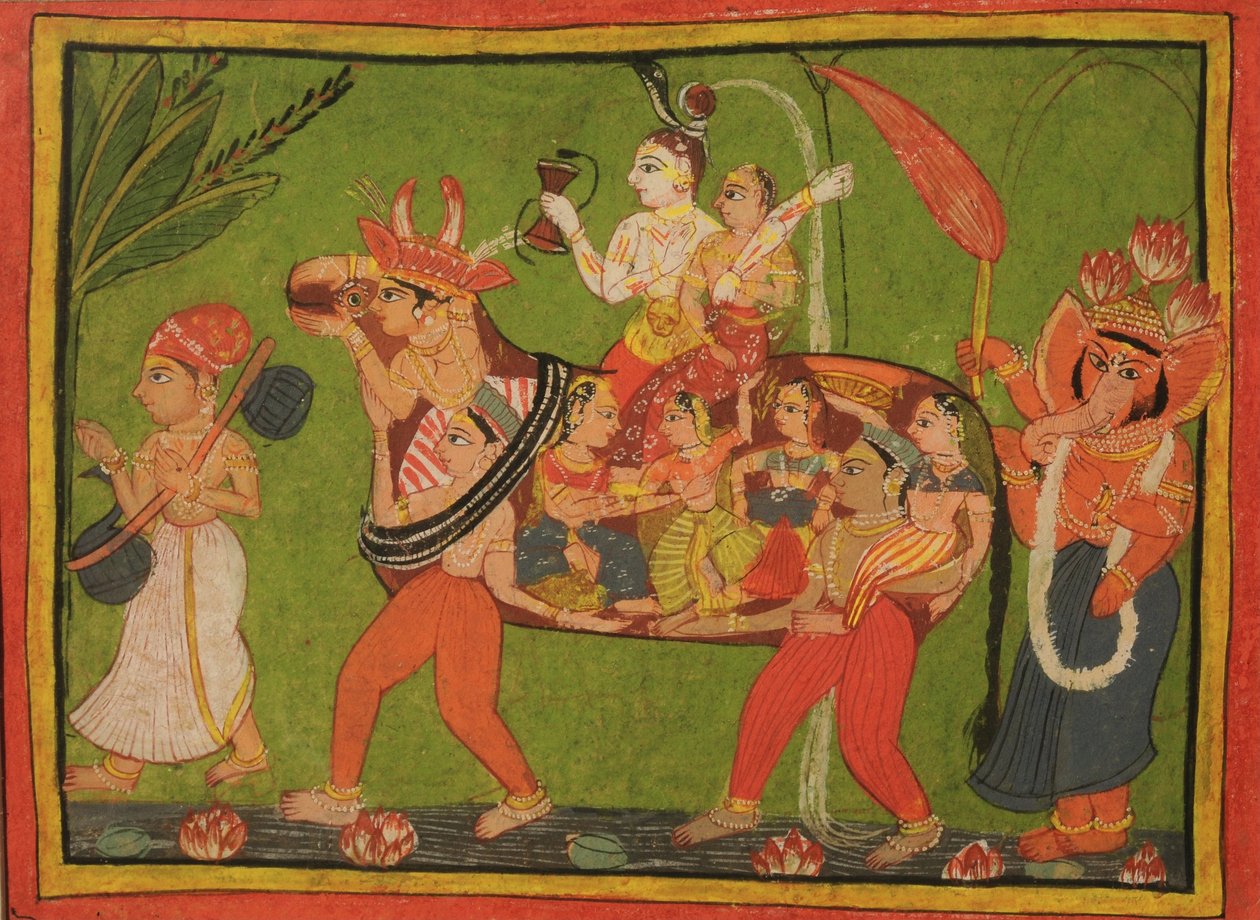 इकट्ठी महिलाओं से बनी एक मिश्रित गाय पर शिव और पार्वती द्वारा अज्ञात