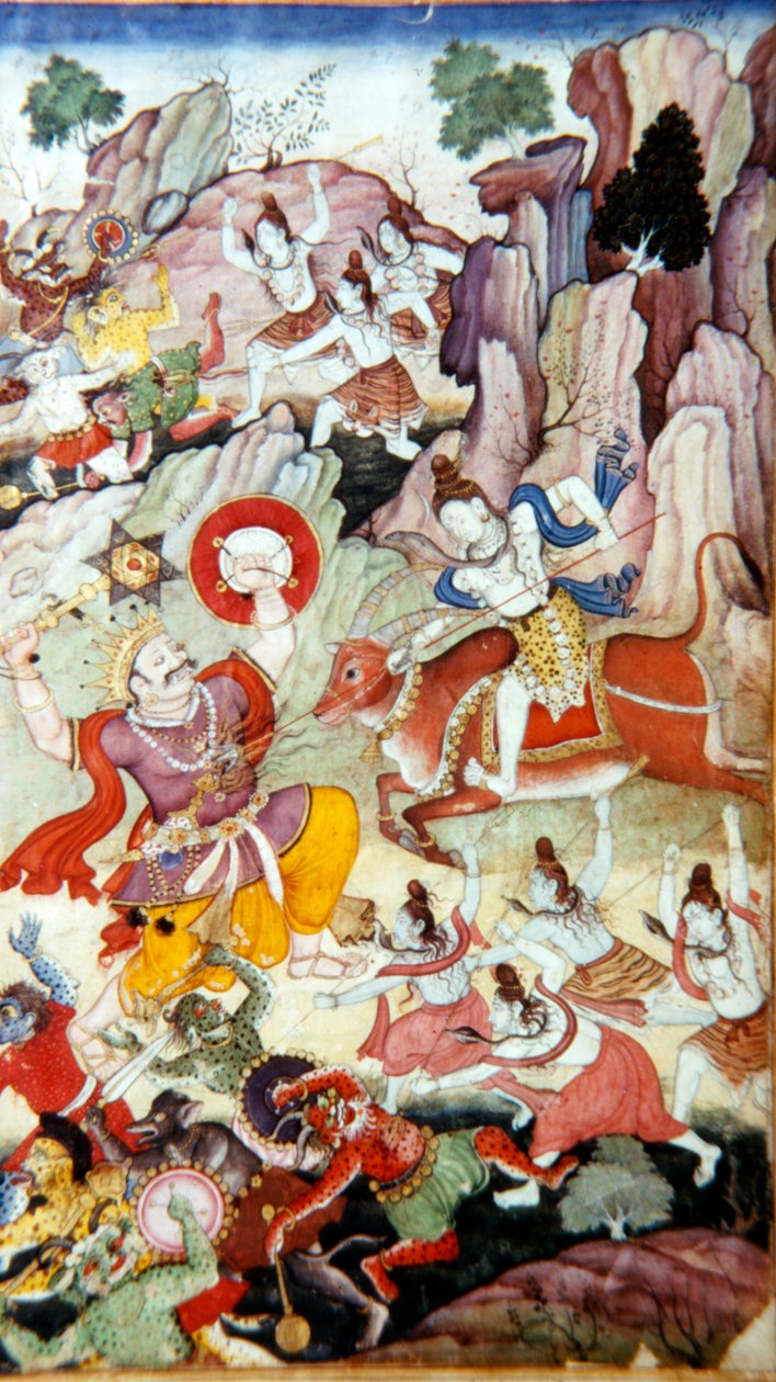 शिव ने दानव और हाका को नष्ट कर दिया, हरिवंश पांडुलिपि, मुगल स्कूल, c1590 द्वारा अज्ञात