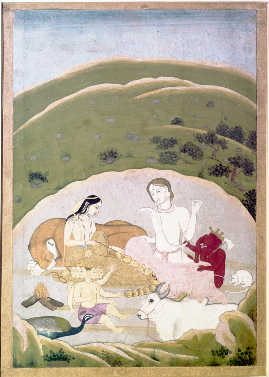 शिव और पार्वती अपने बच्चों, गणेश और कार्तिकग्य के साथ कैलाश पर्वत पर, सी1745 द्वारा अज्ञात