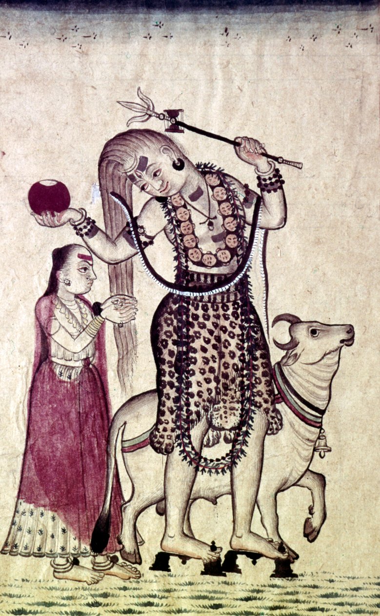 शिव, उनके पीछे उनकी पत्नी पार्वती, बैल, नंदी के साथ चल रहे थे, c1730। द्वारा अज्ञात