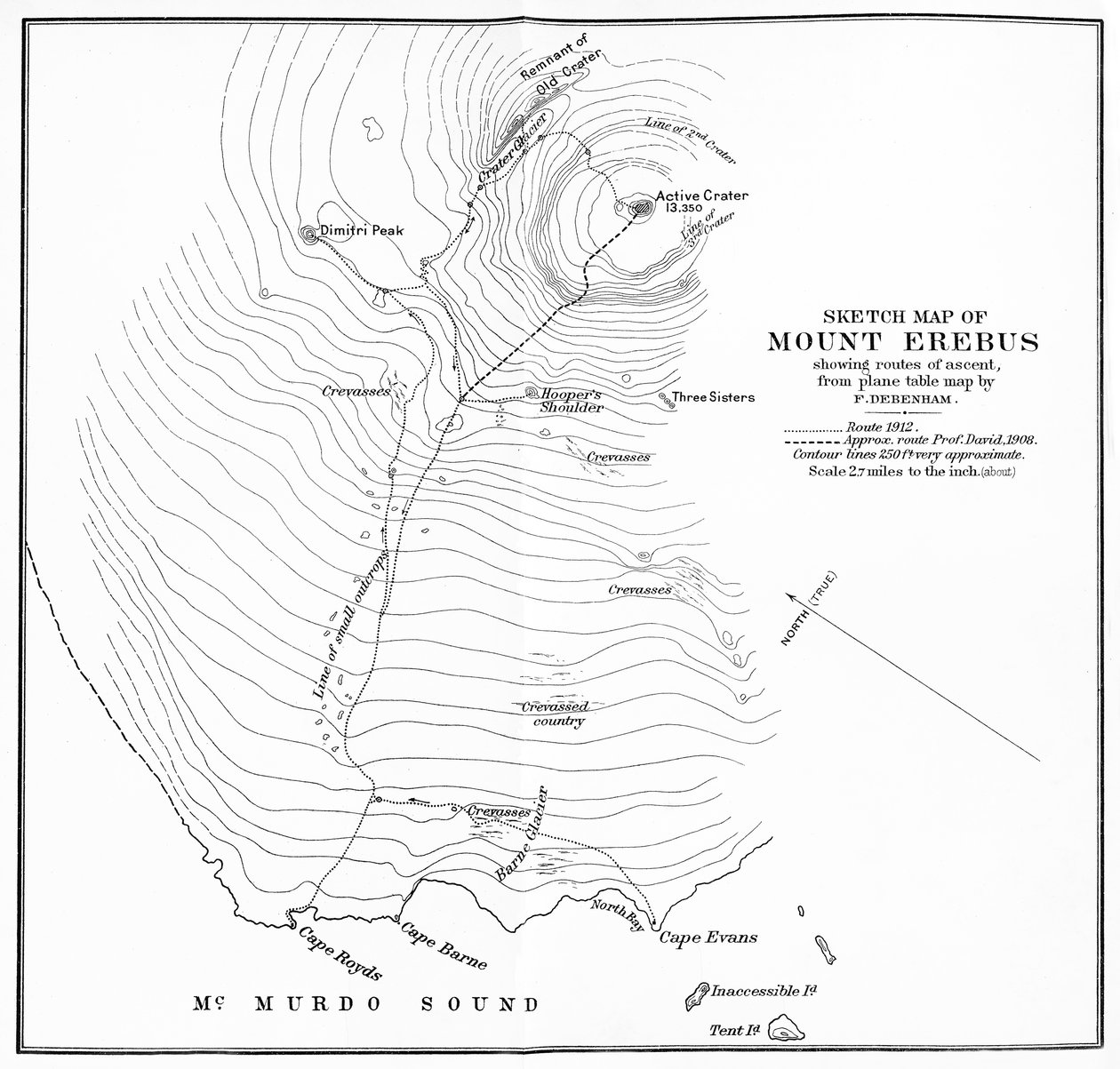 माउंट एरेबस का स्केच मैप चढ़ाई के मार्ग दिखा रहा है, c1912, 1913 द्वारा अज्ञात