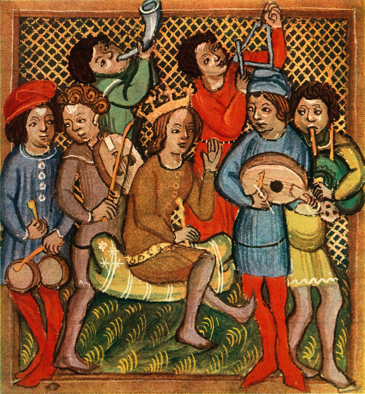 छोटे ड्रम, फिडल, हॉर्न, ट्रायंगल लुट और बैगपाइप्स, ओलोमोक बाइबिल, 1417, 1948 द्वारा अज्ञात