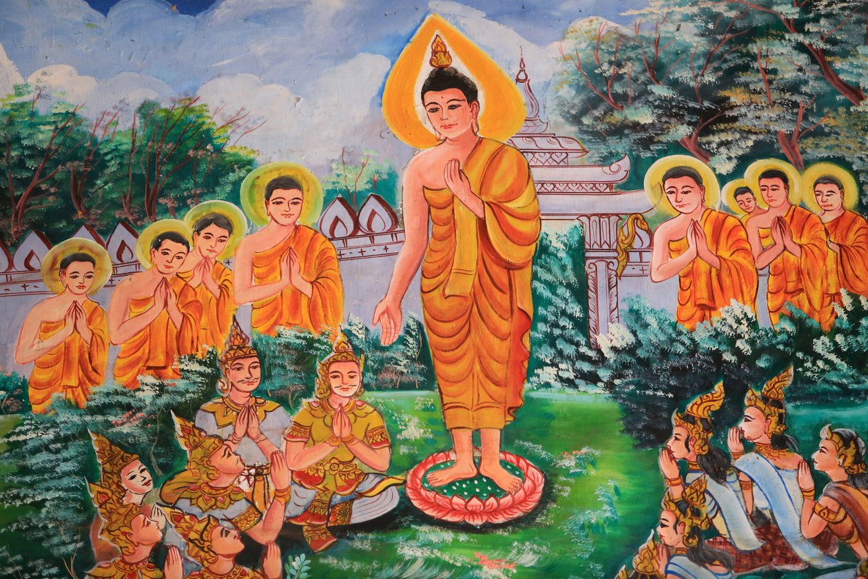धर्म का प्रसार। बुद्ध का जीवन। बुद्ध के जीवन को दर्शाती छत की कलाकृति। वाट इंपेंग। वियनतियाने। लाओस, 20151029, वियनतियाने, लाओस द्वारा अज्ञात