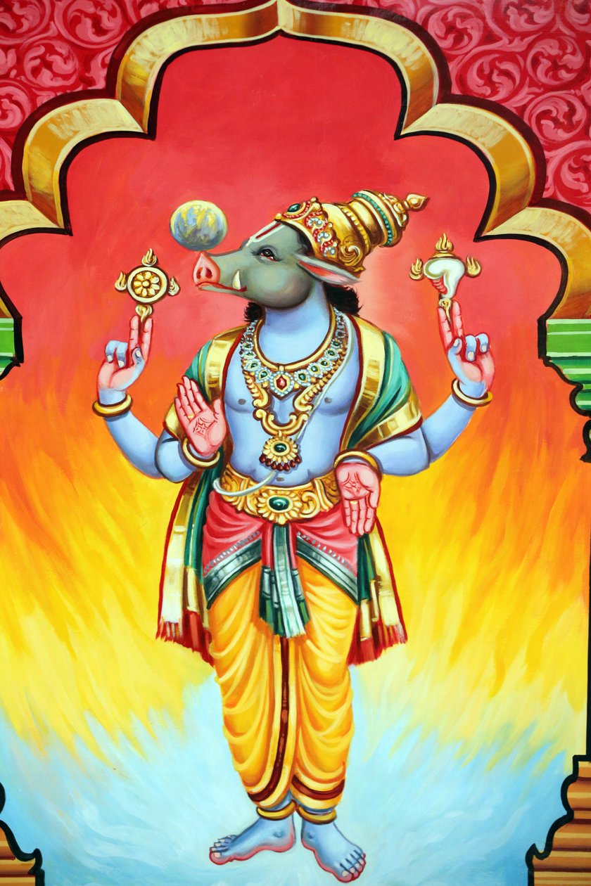श्री वडापतिरा कालियाम्मन हिंदू मंदिर। विष्णु का अवतार। वराह तीसरा अवतार। सिंगापुर द्वारा अज्ञात