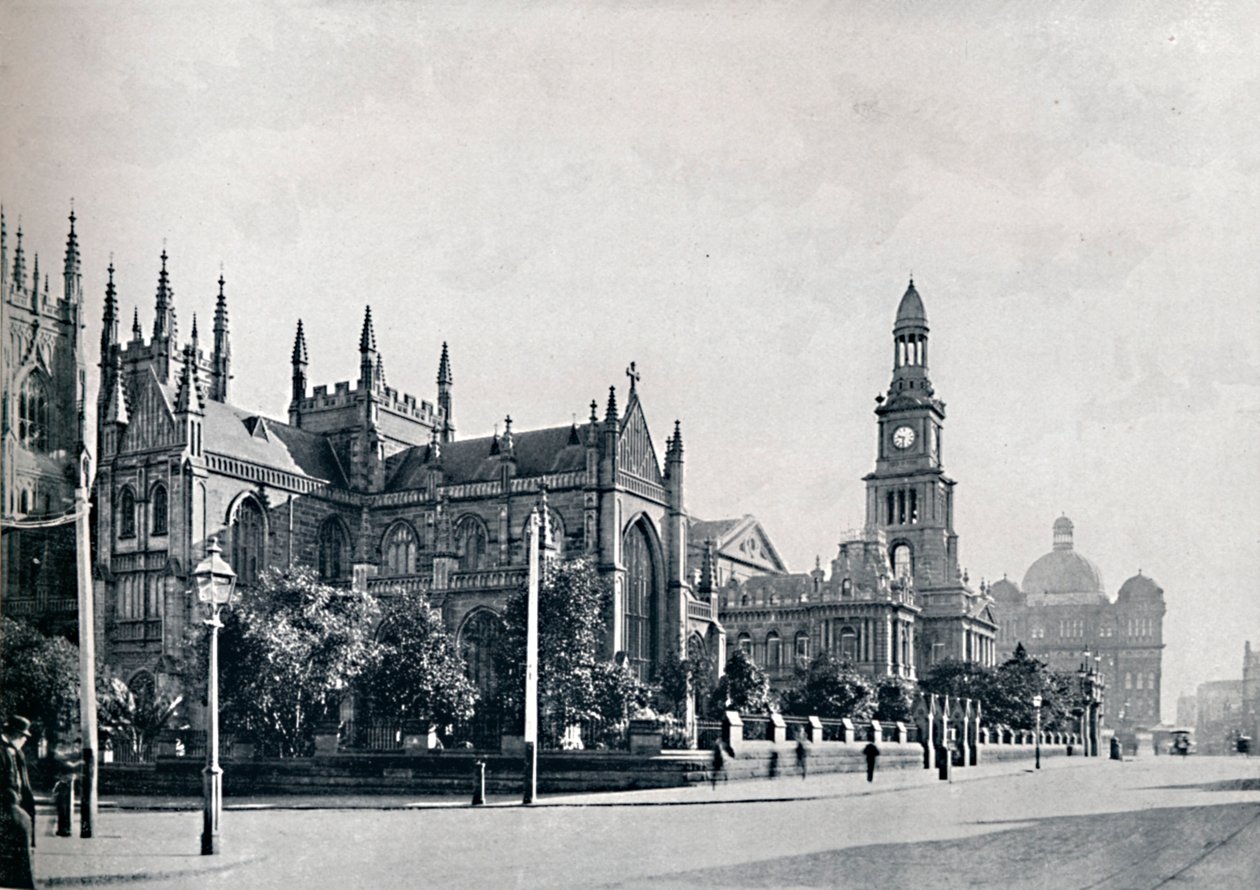 सेंट एंड्रयूज कैथेड्रल, सिडनी टाउन हॉल, और मार्केट बिल्डिंग, c1900। द्वारा अज्ञात