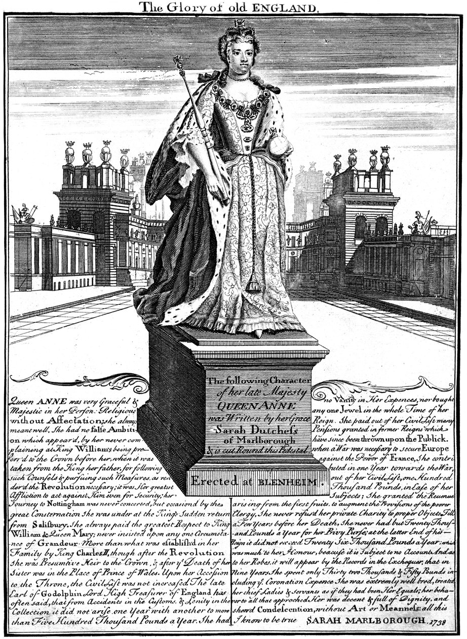 क्वीन ऐनी 1665-1714, ब्लेनहेम पैलेस, ऑक्सफ़ोर्डशायर, 1738 की प्रतिमा द्वारा अज्ञात