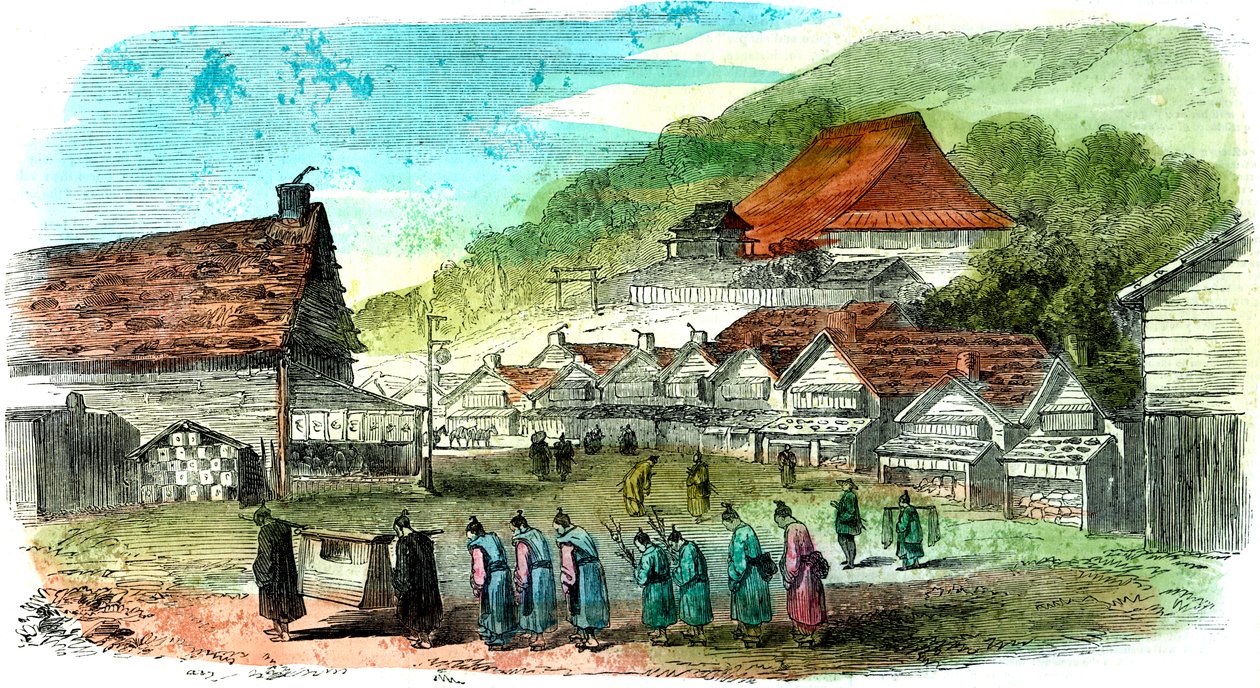 हाकोडेट में सड़क, और अंतिम संस्कार जुलूस, जापान, 1856 द्वारा अज्ञात