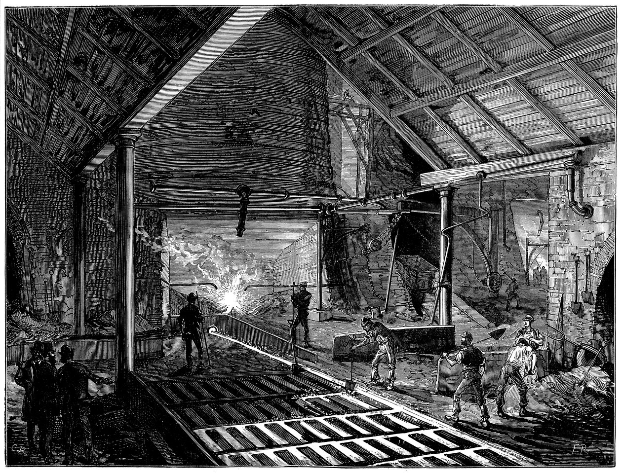 एक ब्लास्ट फर्नेस का दोहन और सूअरों में पिघला हुआ लोहा, c1885 द्वारा अज्ञात