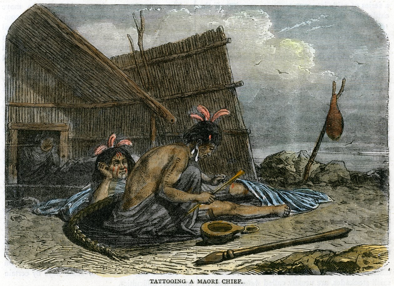 एक माओरी चीफ को गोदना, न्यूजीलैंड, c1875 द्वारा अज्ञात