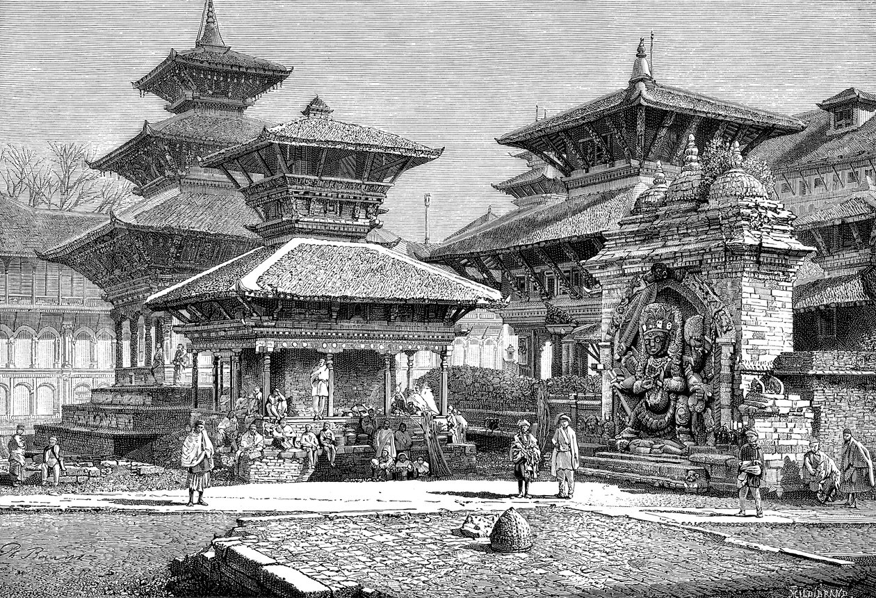 1895 में रॉयल प्लेस, कटमंडू, नेपाल के सामने स्थित मंदिर द्वारा अज्ञात