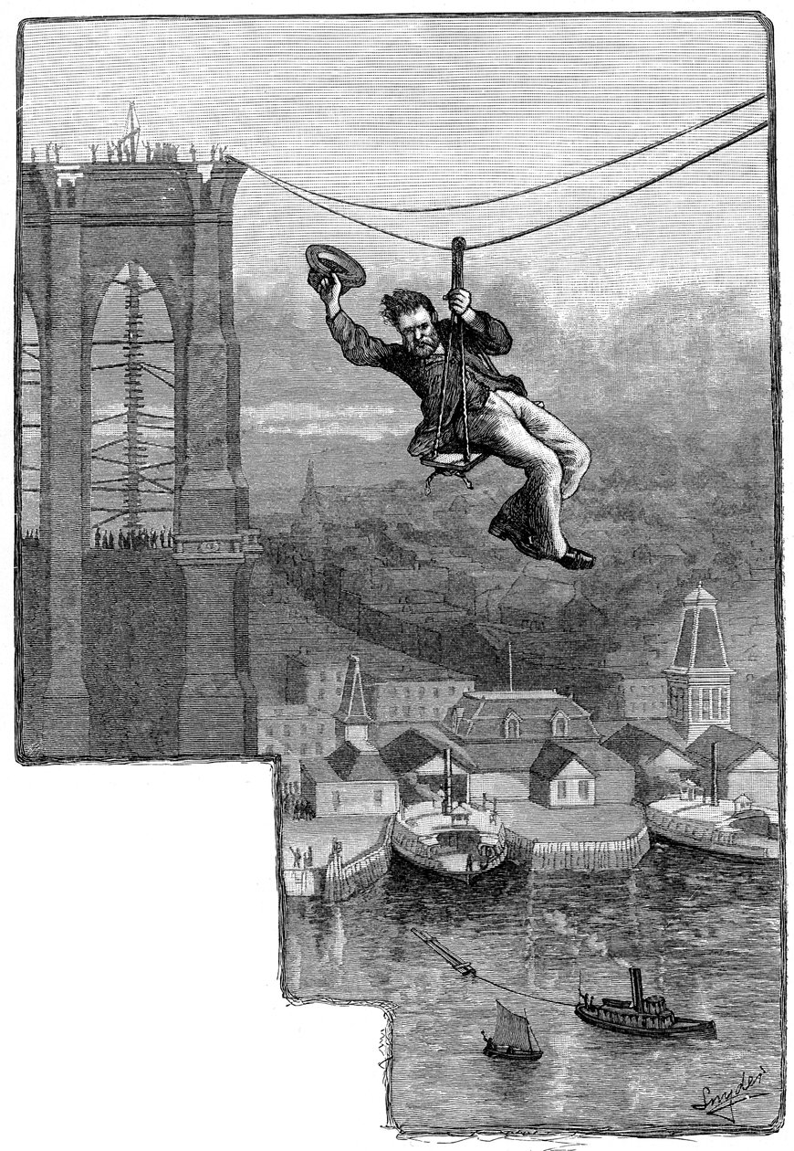 ब्रुकलिन ब्रिज पर केबलों का परीक्षण, c1900 द्वारा अज्ञात