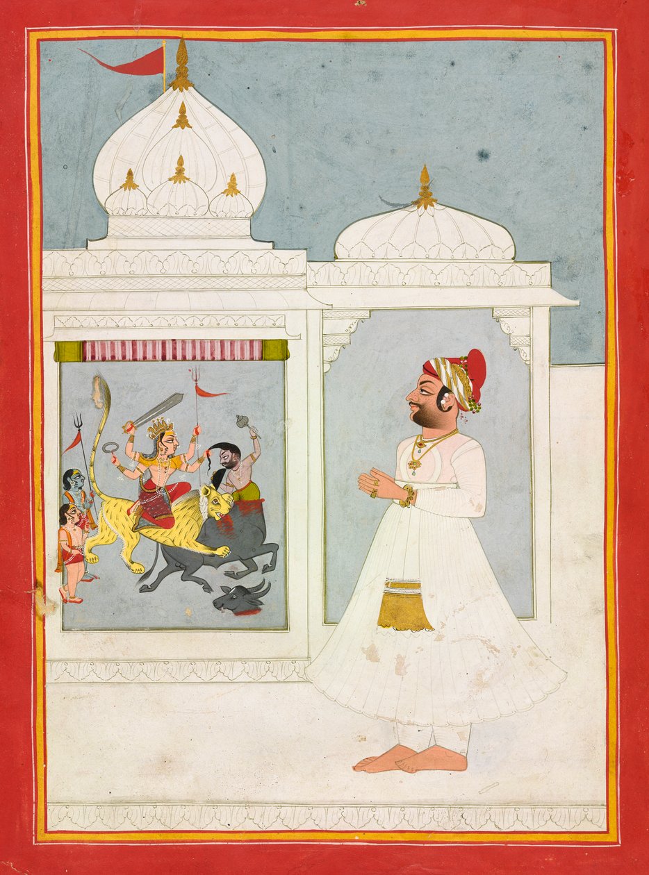 ठाकुर अजीत सिंह देवी की आराधना करते हैं, दिनांक 1817। द्वारा अज्ञात