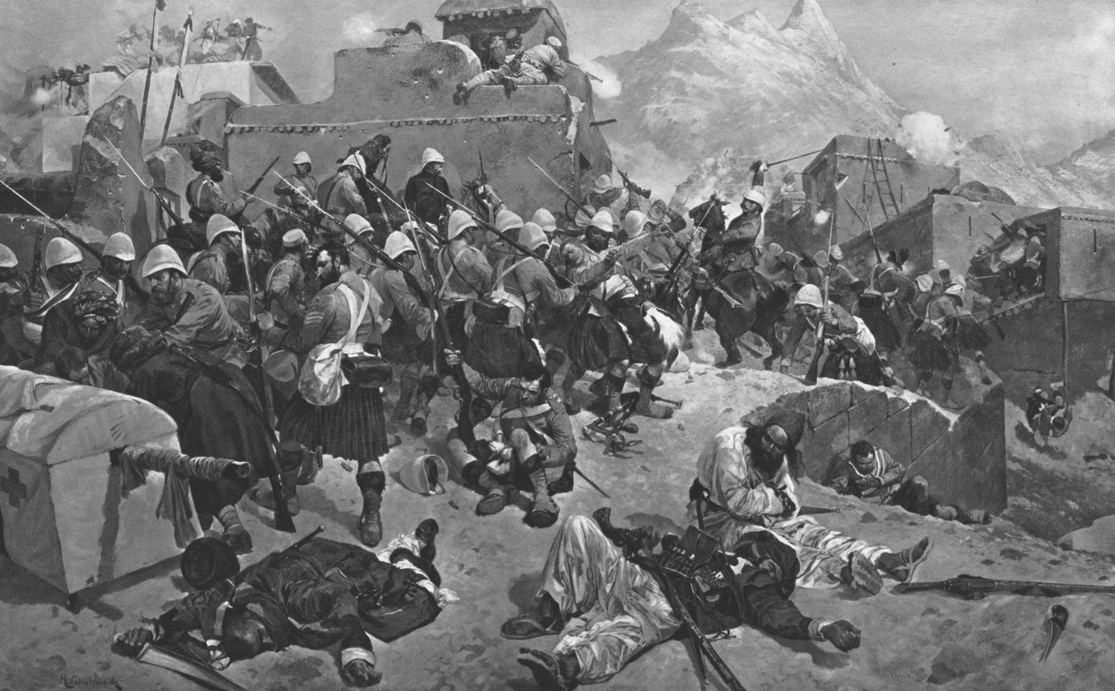 अफगान युद्ध, 1878-80: 91 वां हाईलैंडर्स और दूसरा गुरकास तूफान गंडिया मुल्ला, 1901। द्वारा अज्ञात