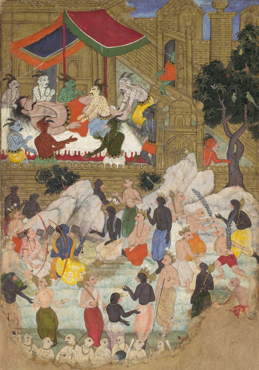 लंका के स्वर्ण नगरी में कुंभकर्ण का जागरण, रामायण से फोलियो, सीए। 1605. द्वारा अज्ञात