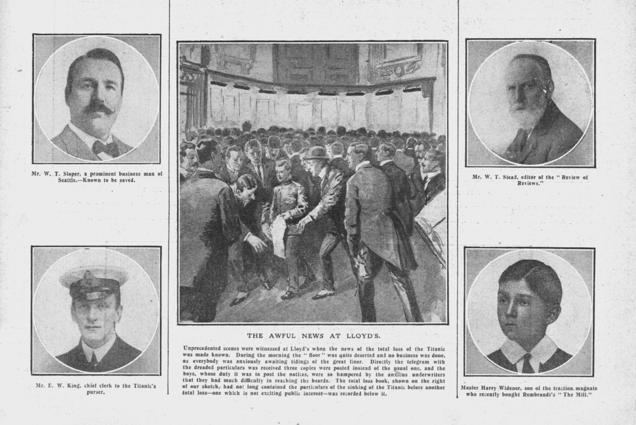 द लॉयड्स पर द अवफुल न्यूज़, 20 अप्रैल 1912 को टाइटैनिक पर सवार कुछ लोगों के चित्रों के साथ। द्वारा अज्ञात
