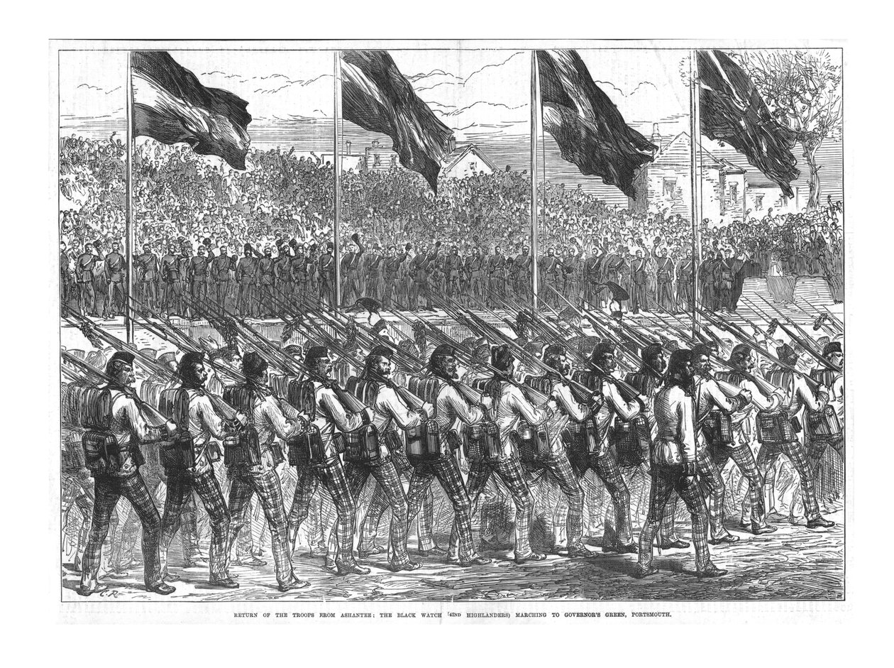 द ब्लैक वॉच 42 वें हाइलैंडर्स मार्चिंग टू गवर्नर्स ग्रीन, पोर्ट्समाउथ, 1874। द्वारा अज्ञात