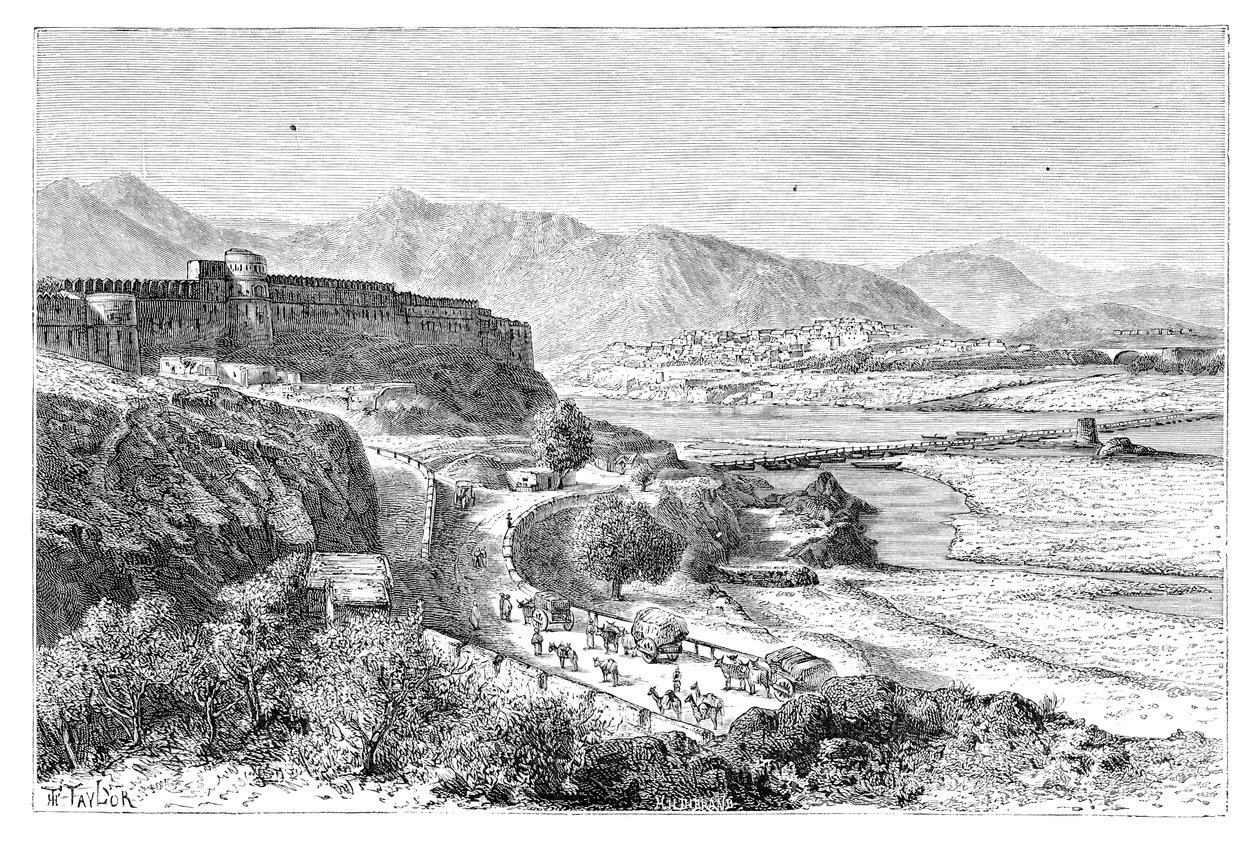 अटैक का गढ़ और सिंधु, पाकिस्तान में 1895 में नावों का एक पुल द्वारा अज्ञात